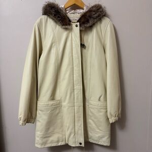 (S) leather white cream parka button zip up jacket coat with fur hood